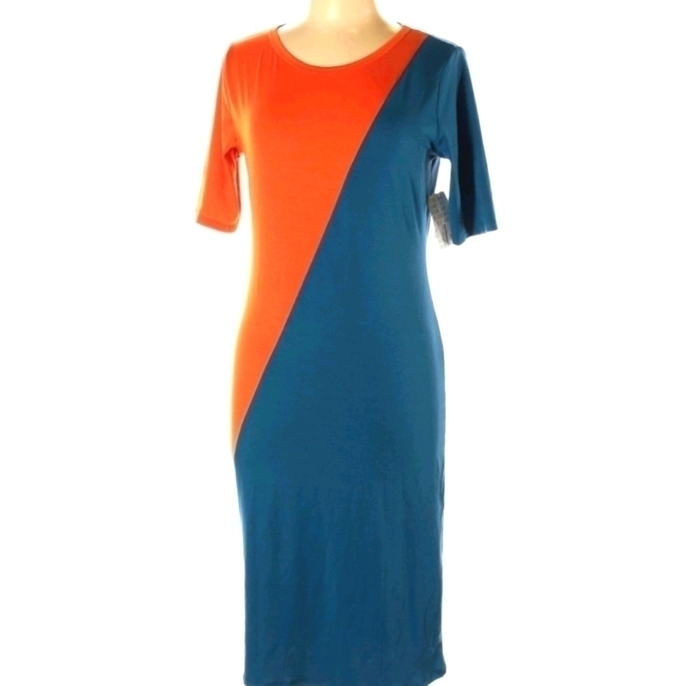 LulaRoe Dress Womanโs Size Large Orange Blue Color Block Julia